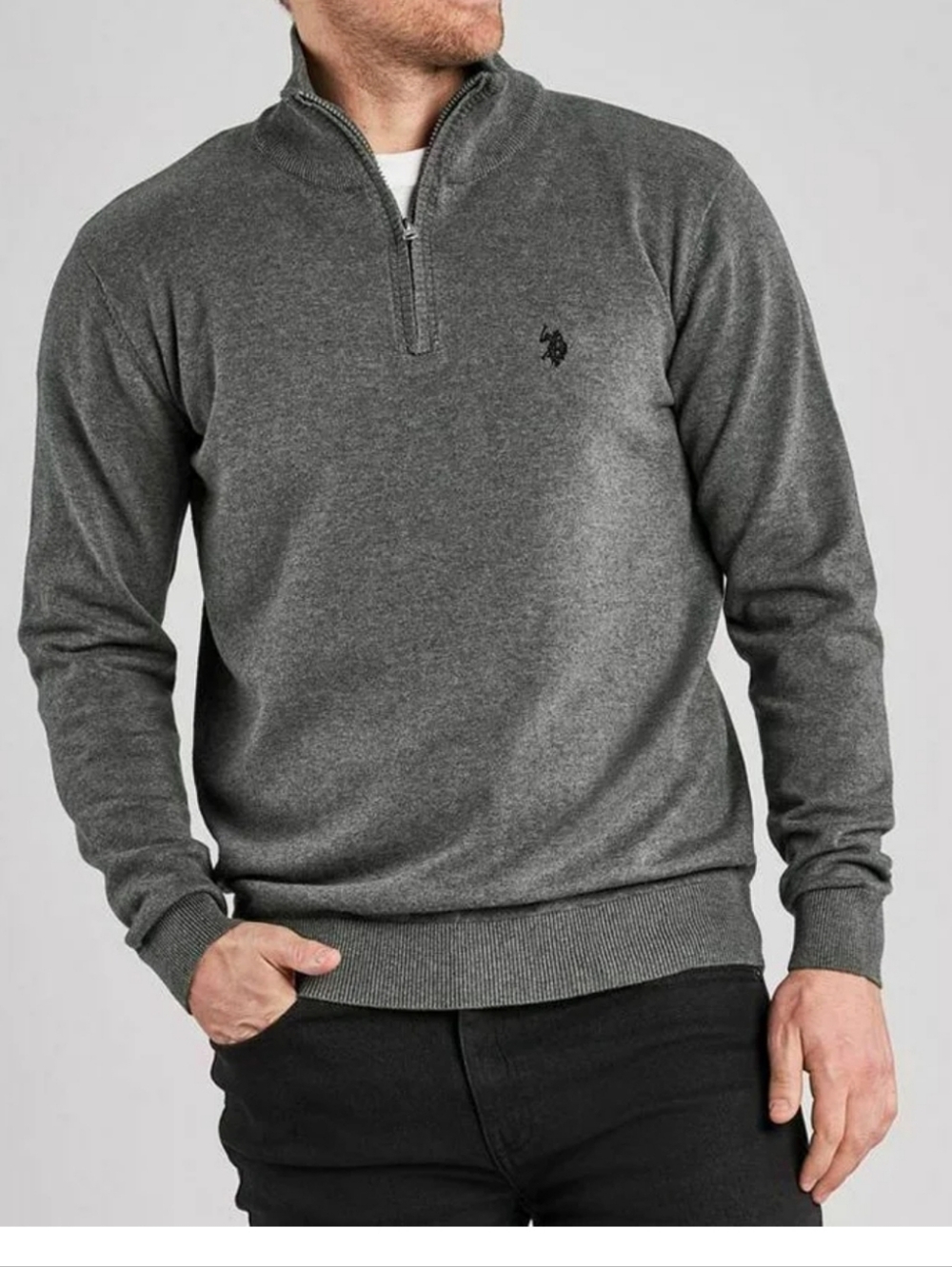 U.S. Polo Assn. Gray Quarter-Zip Ribbed Knit Sweater